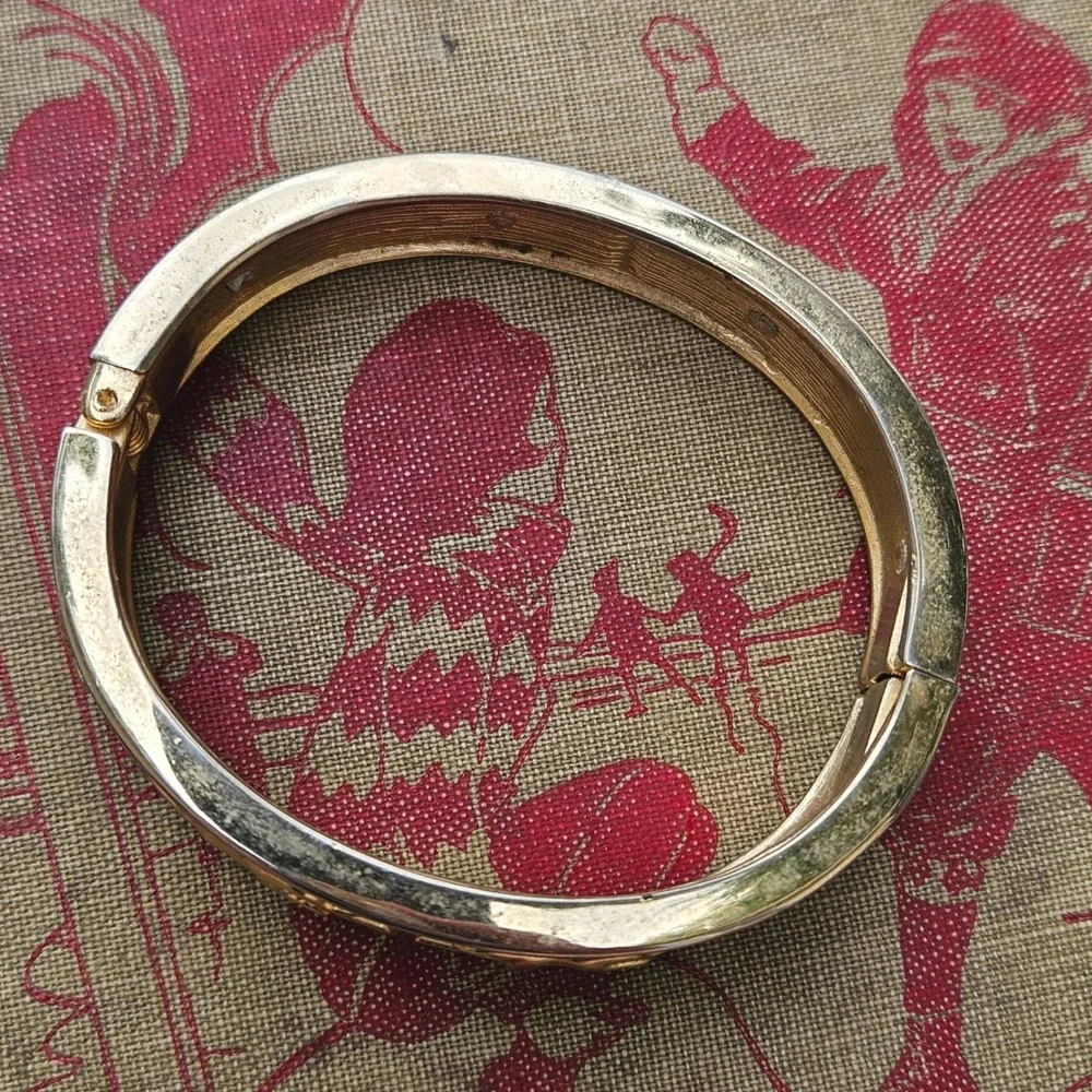 Vintage 80s Gold Silver Tone Panther Hinged Bangle Bracelet Big Cat Statement